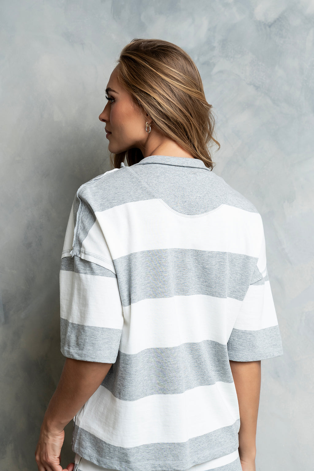 Farah Striped Quarter Zip Top in Grey