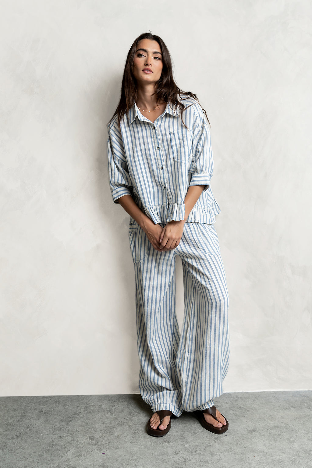 Janey Striped Collared Blouse in Denim