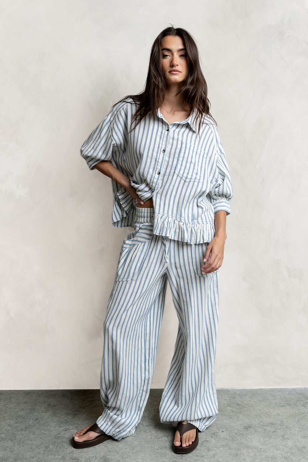 Janey Striped Collared Blouse in Denim