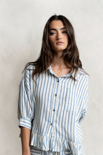 Janey Striped Collared Blouse in Denim