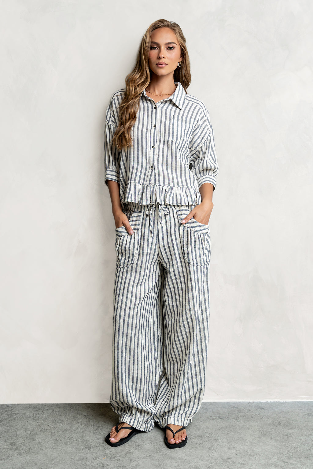 Janey Striped Collared Blouse in Black