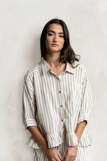 Janey Striped Collared Blouse in Taupe