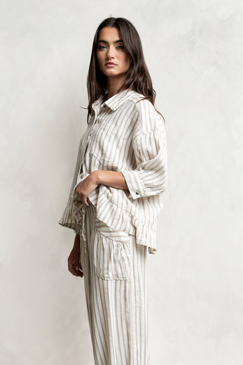 Janey Striped Collared Blouse in Taupe