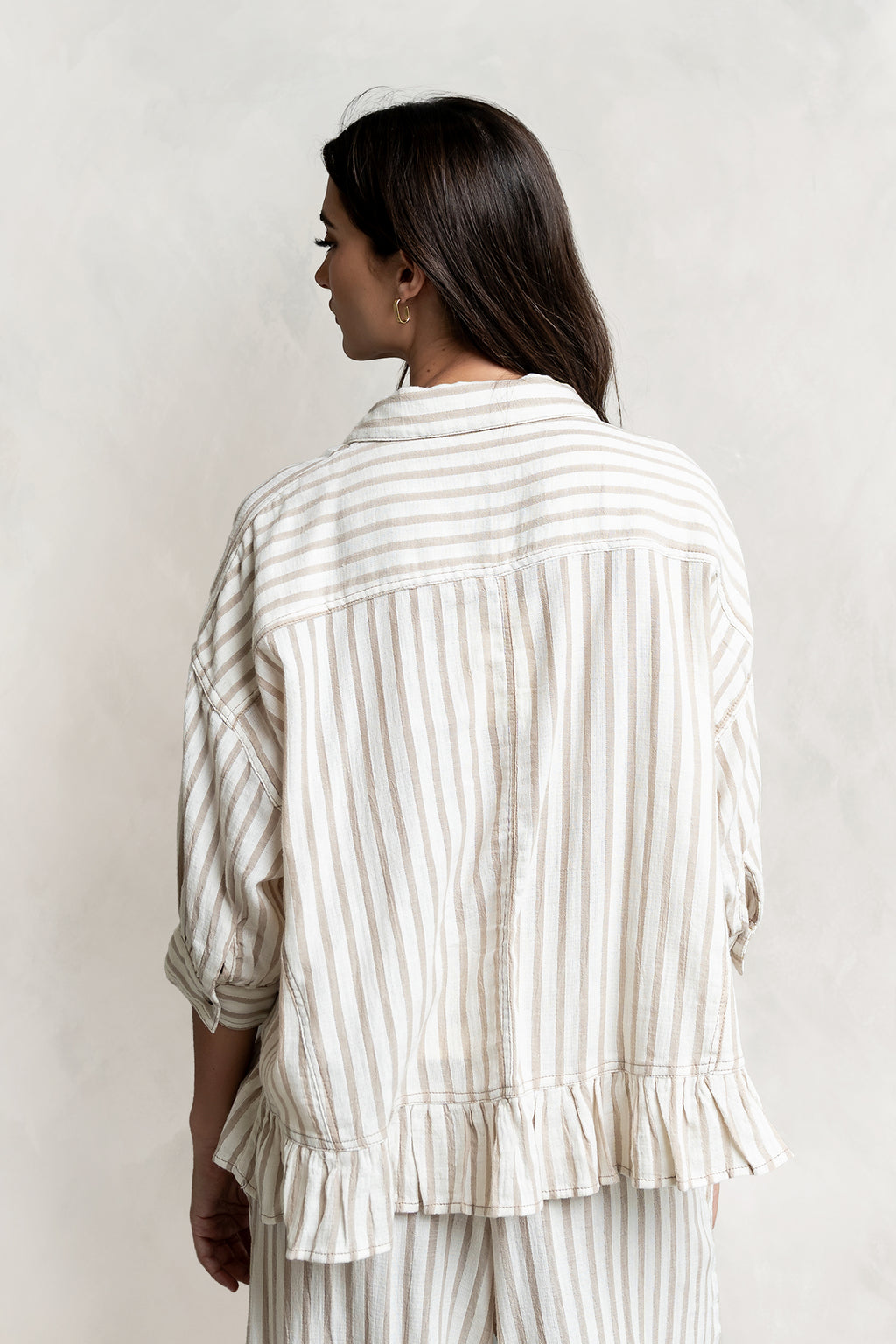 Janey Striped Collared Blouse in Taupe