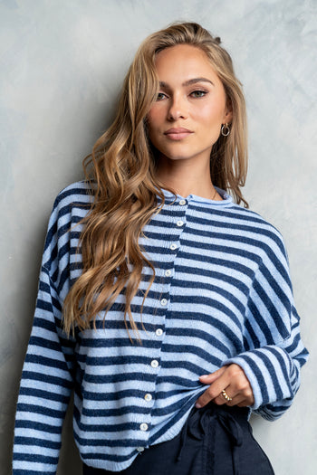 Miriam Striped Cardigan in Dusty Blue