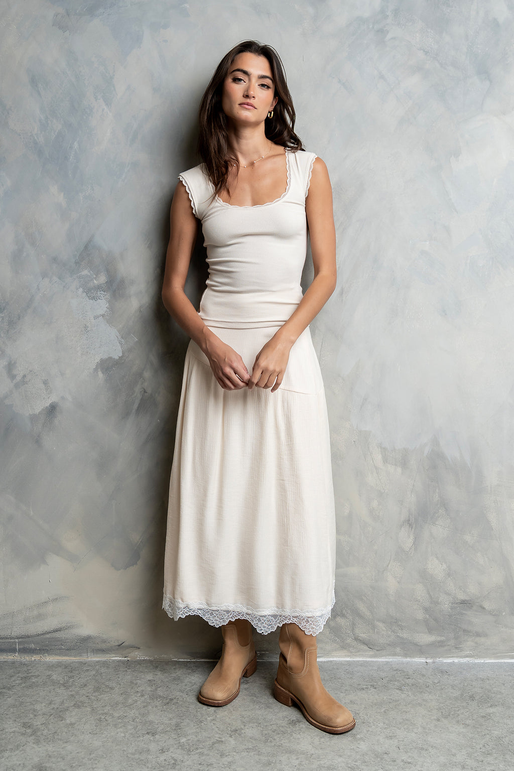 Sawyer Lace Trim Tank Top in Bone