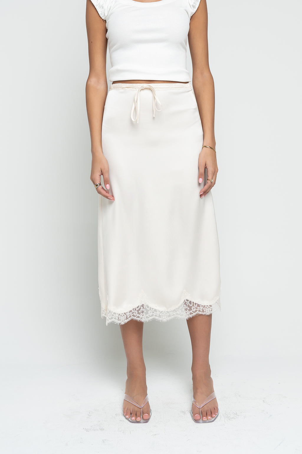 Cleo Lace Trim Midi Skirt in Cream