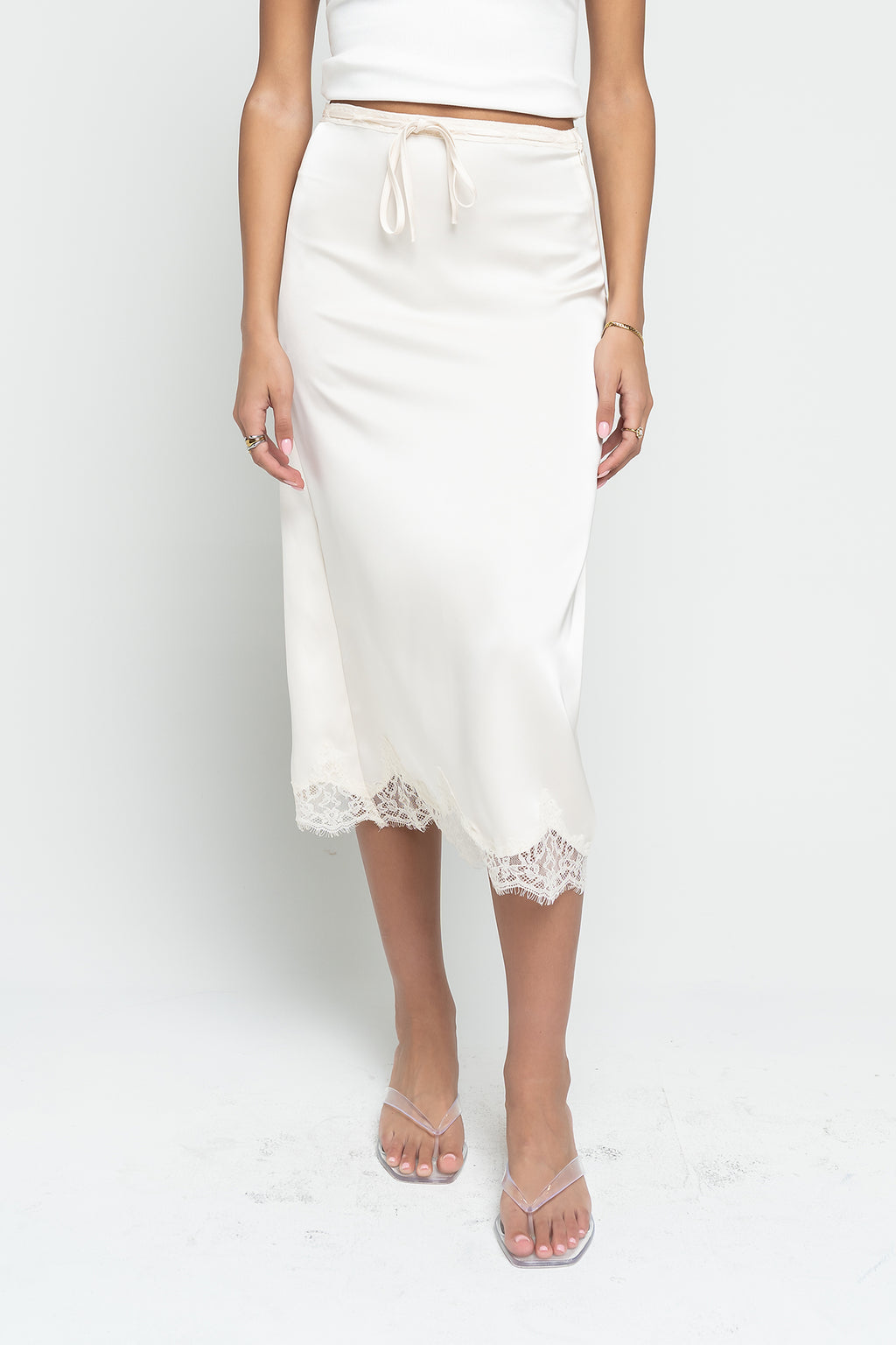 Cleo Lace Trim Midi Skirt in Cream