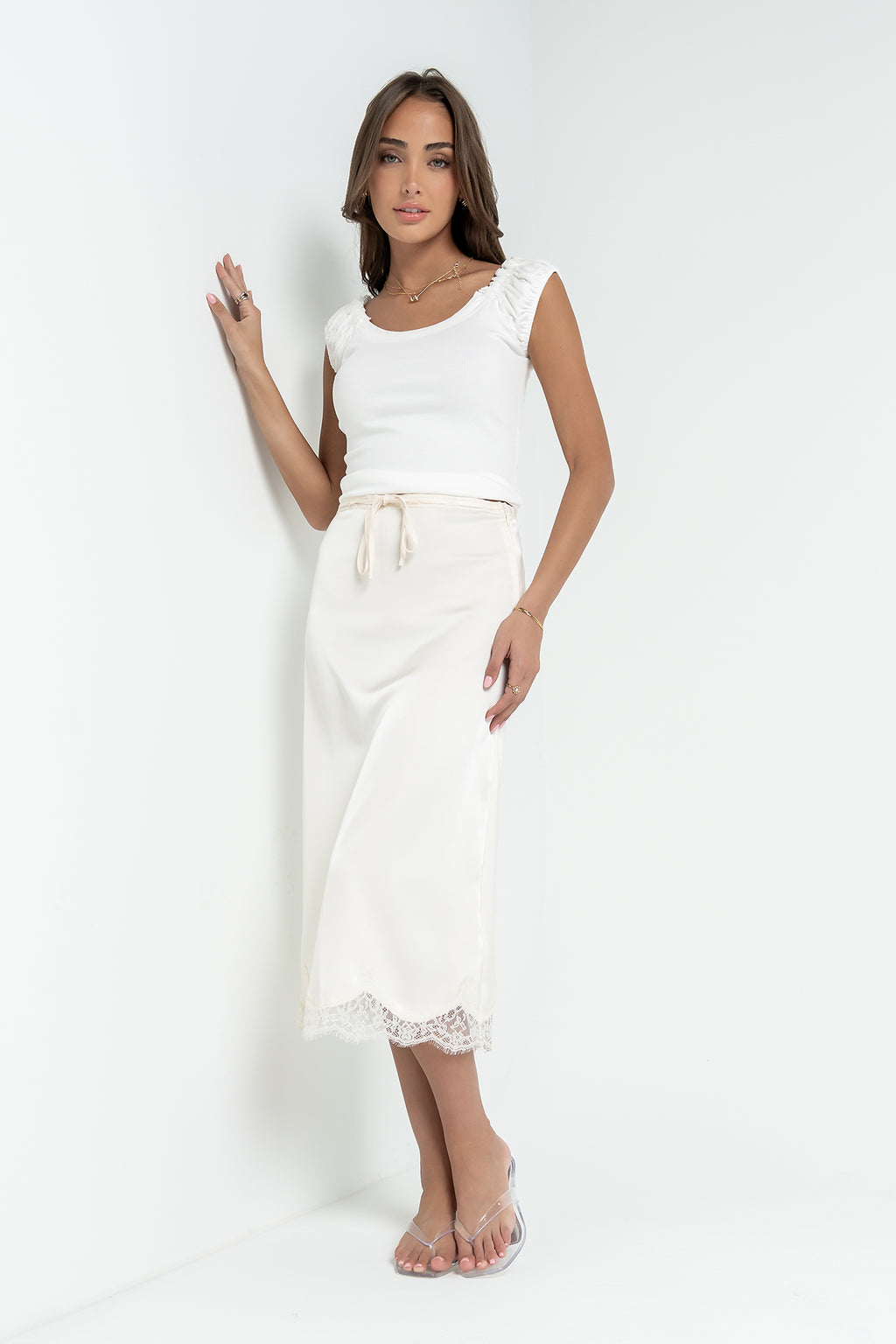 Cleo Lace Trim Midi Skirt in Cream