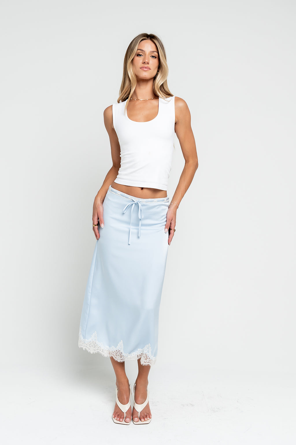 Cleo Lace Trim Midi Skirt in Blue