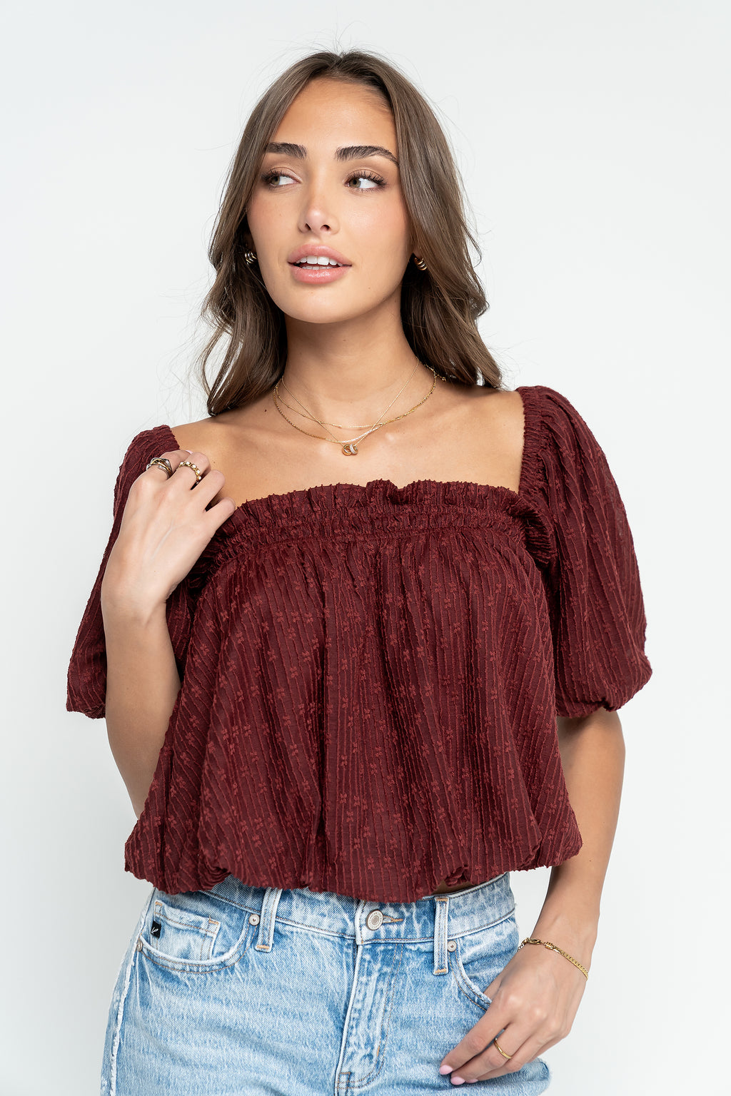 Renna Textured Bubble Top in Burgundy