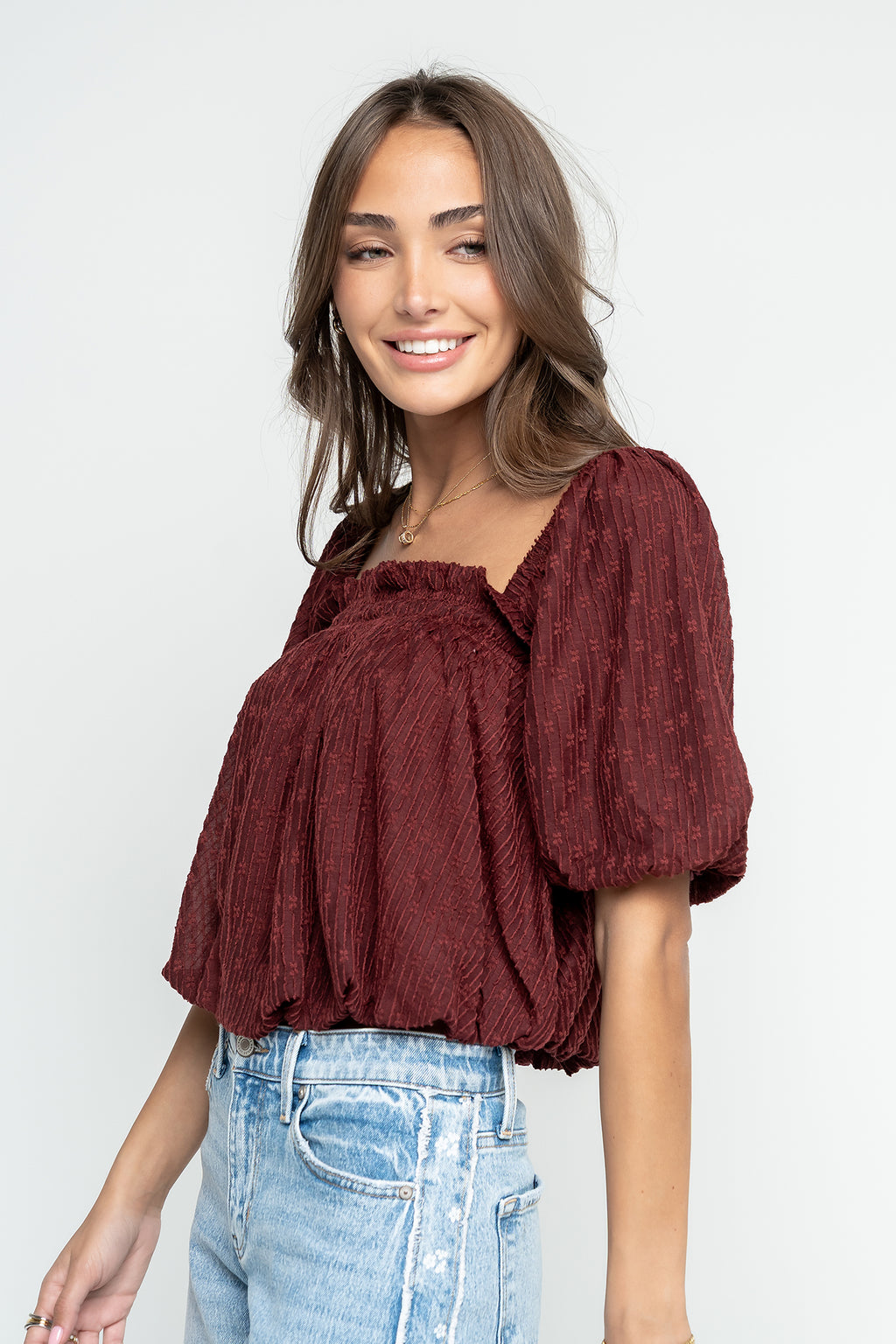 Renna Textured Bubble Top in Burgundy