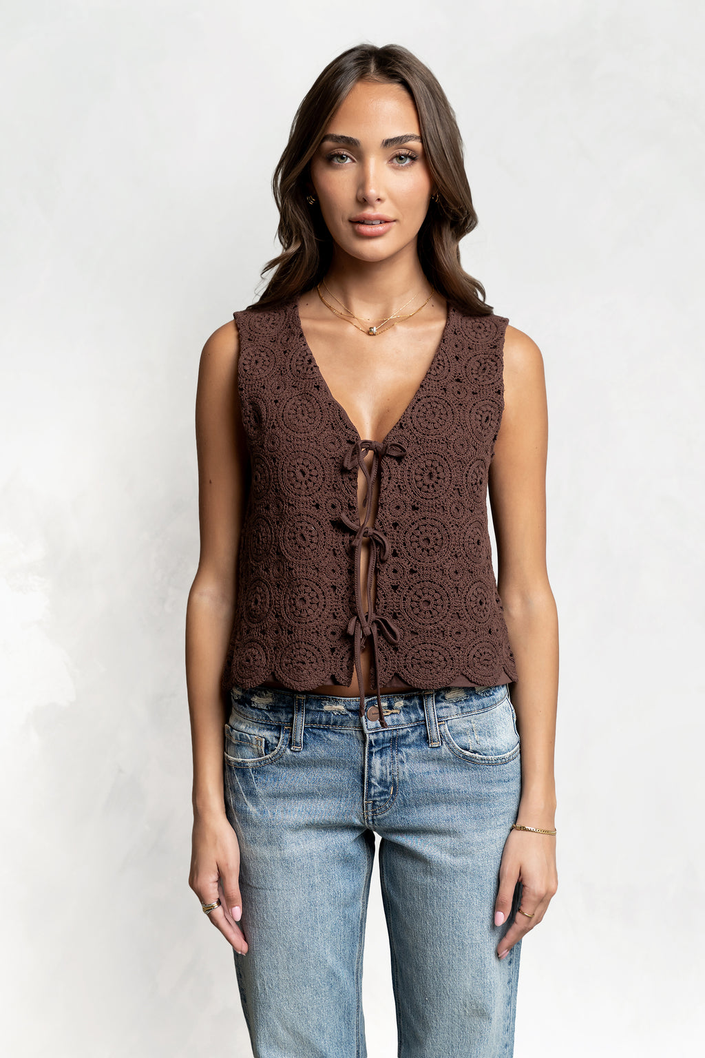 Brea Crochet Vest in Brown