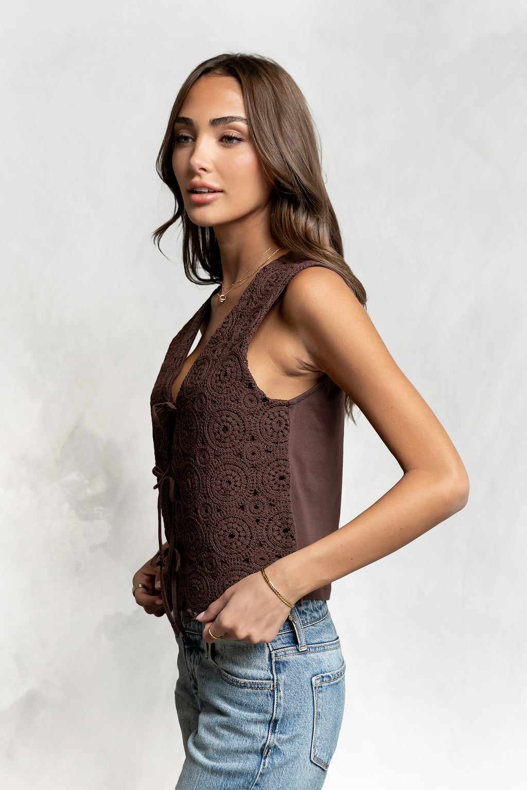 Brea Crochet Vest in Brown
