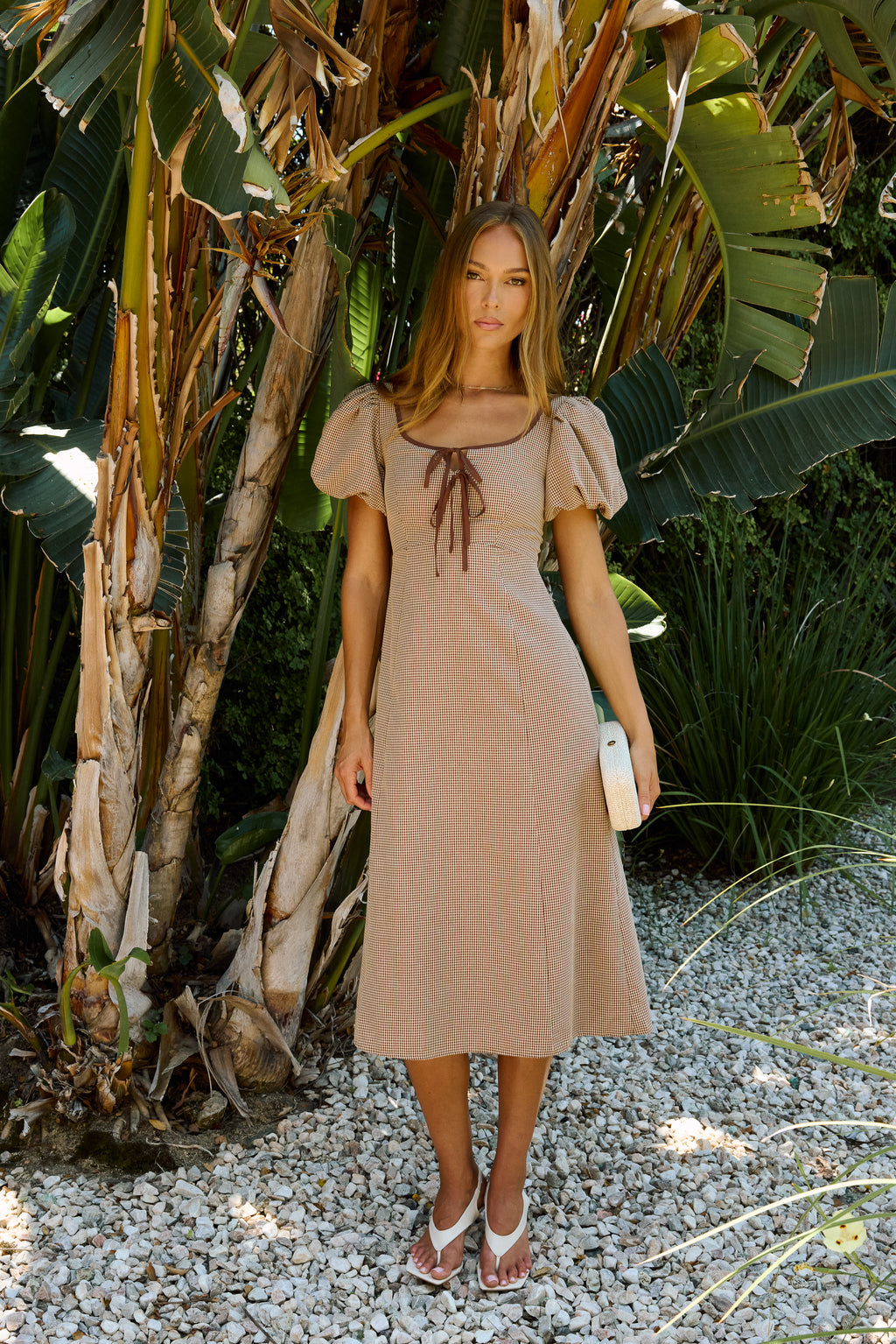 PREORDER - Elle Gingham Midi Dress in Tan