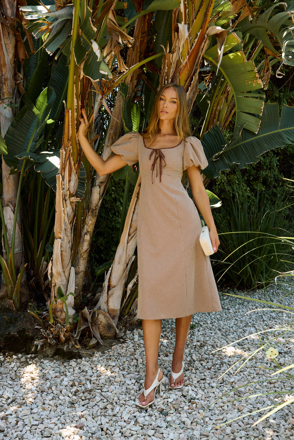 PREORDER - Elle Gingham Midi Dress in Tan