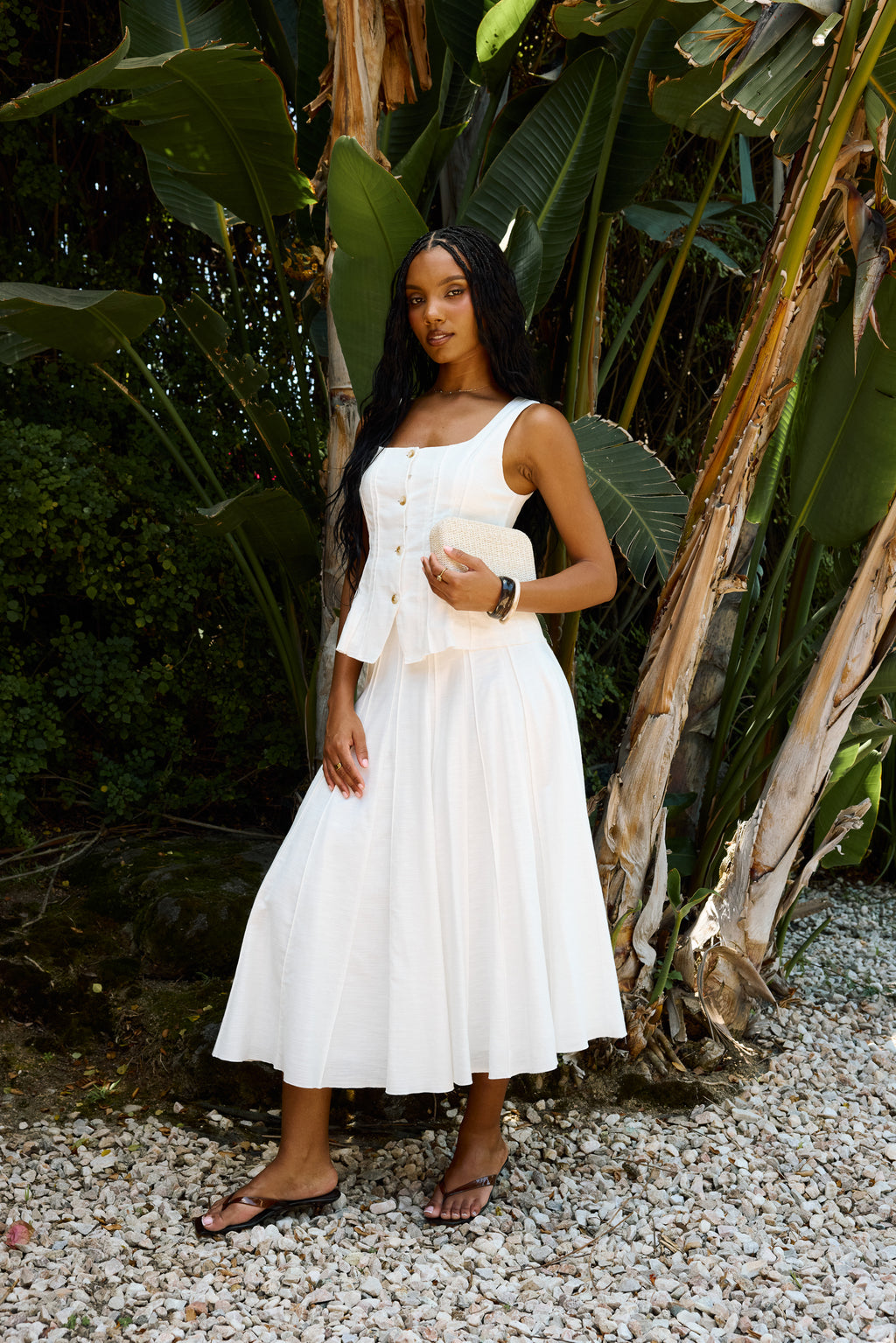 Cadence Pleated Midi Skirt in White
