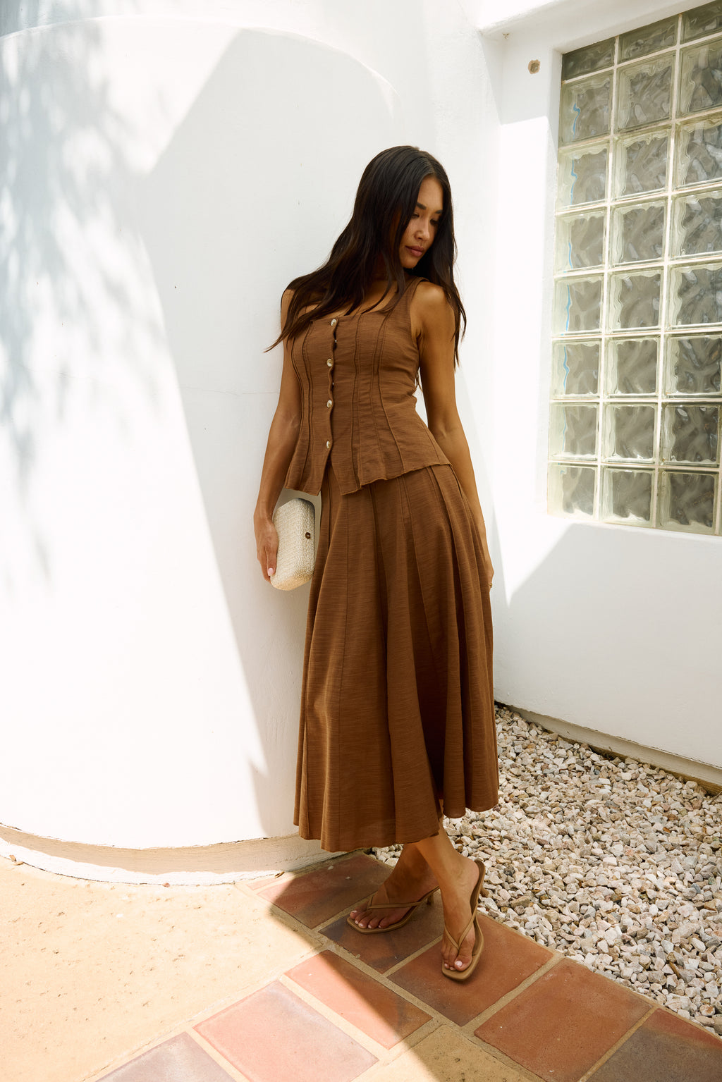 Cadence Pleated Midi Skirt in Brown