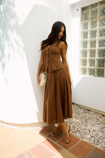 Cadence Pleated Midi Skirt in Brown