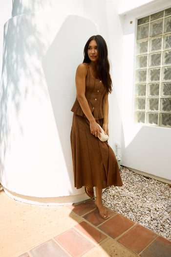 Cadence Pleated Midi Skirt in Brown