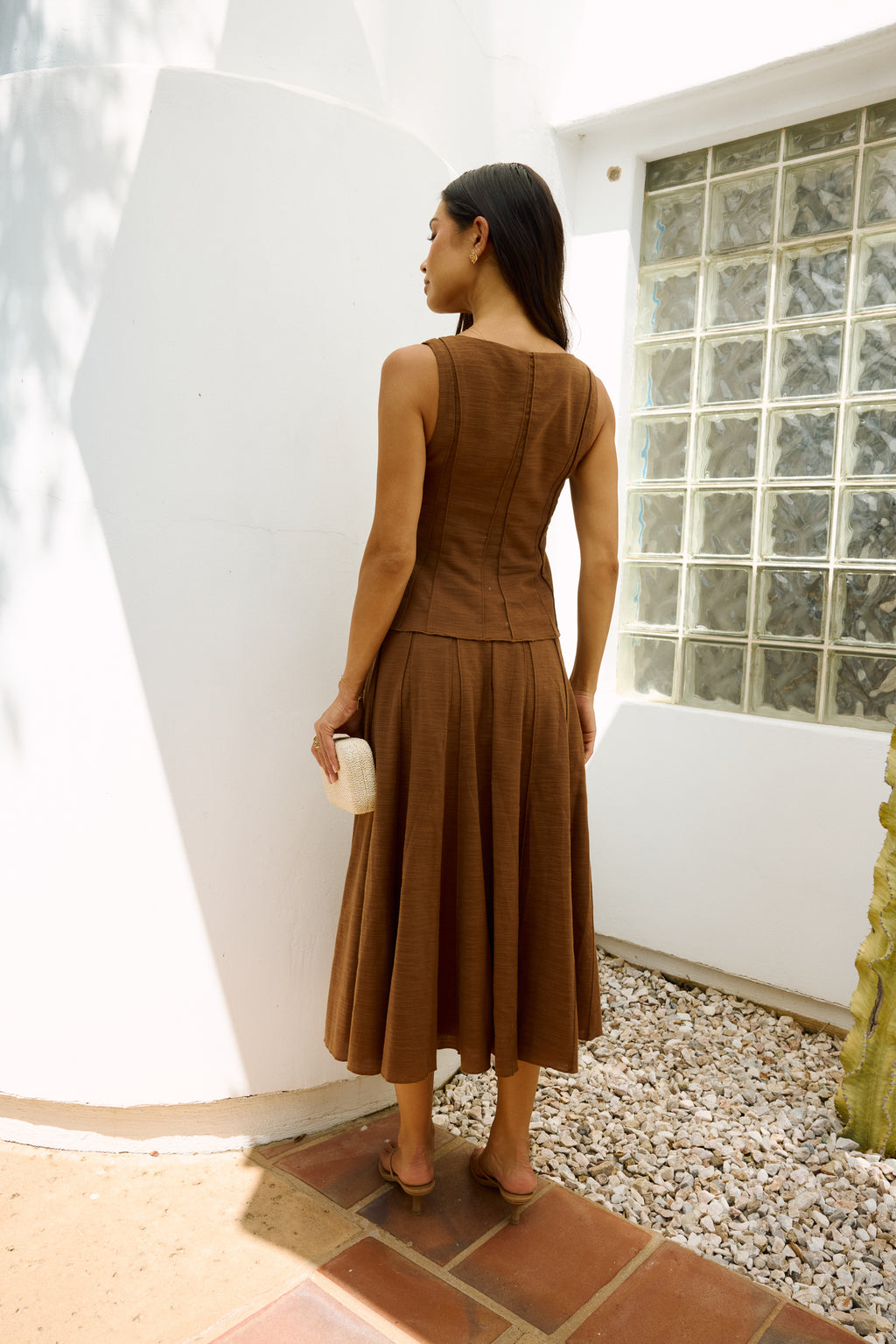 Cadence Pleated Midi Skirt in Brown