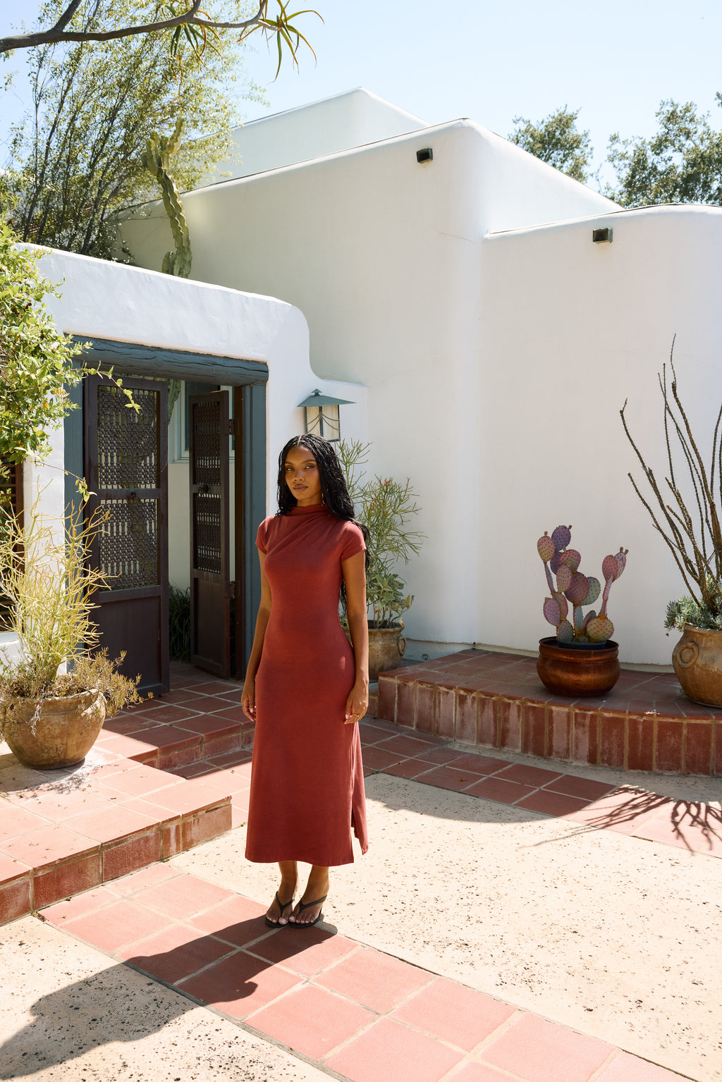 Isla Ruched Maxi Dress in Brick
