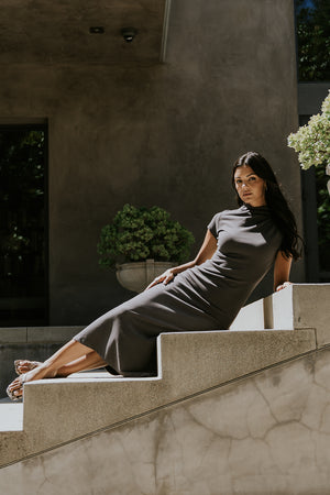 Isla Ruched Maxi Dress in Charcoal