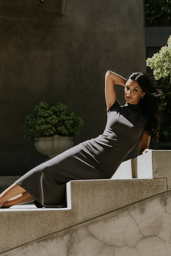 Isla Ruched Maxi Dress in Charcoal