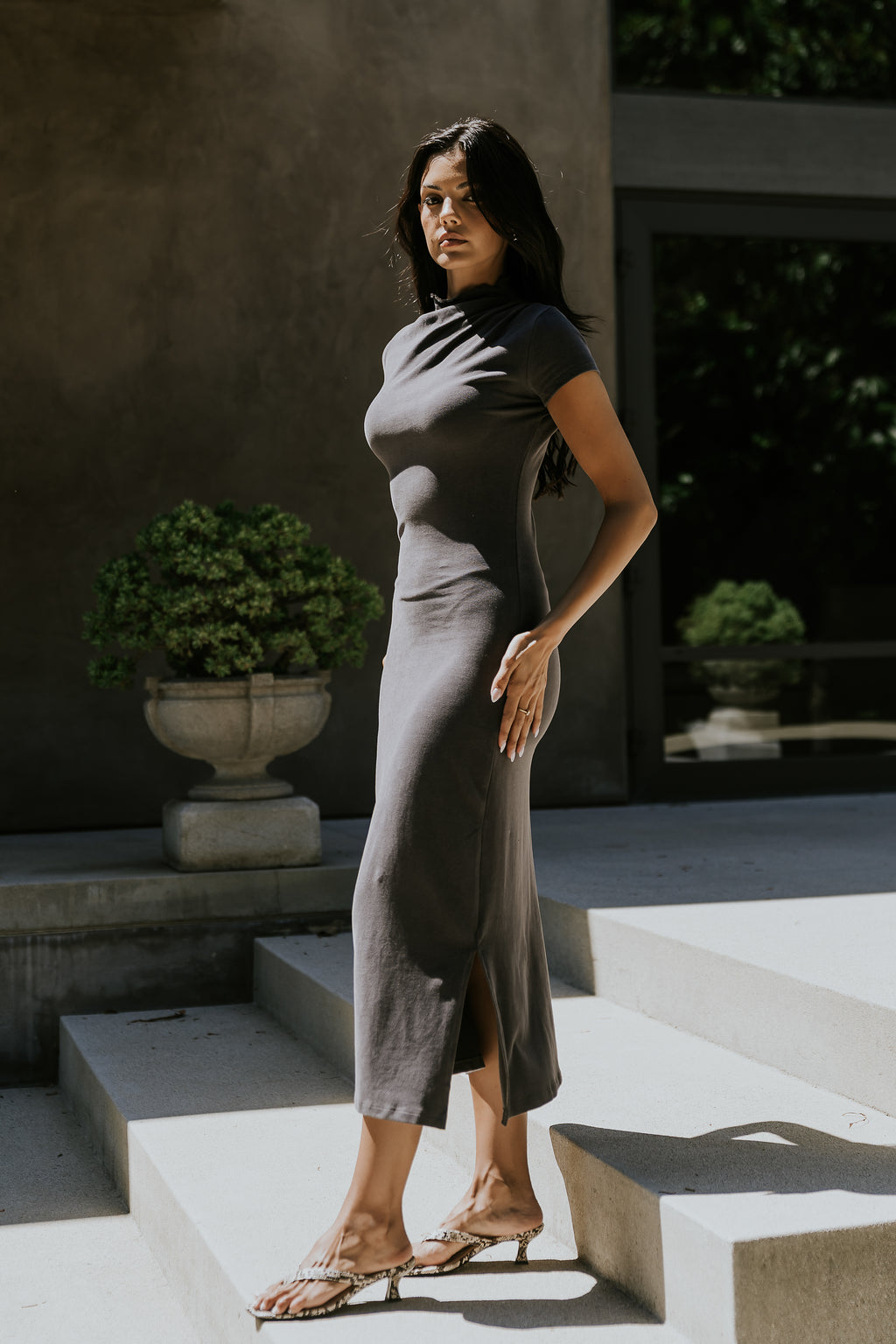 Isla Ruched Maxi Dress in Charcoal