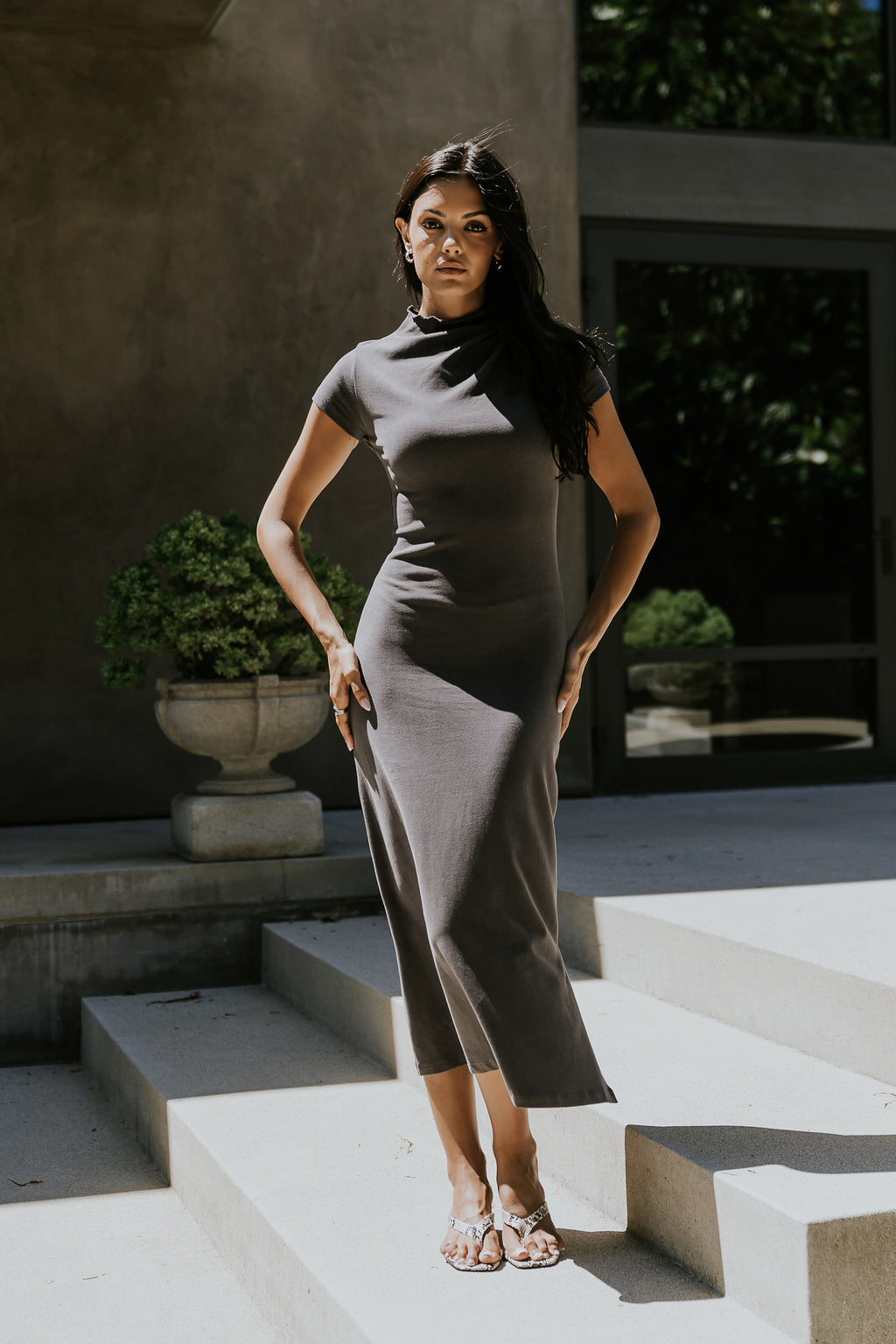 Isla Ruched Maxi Dress in Charcoal