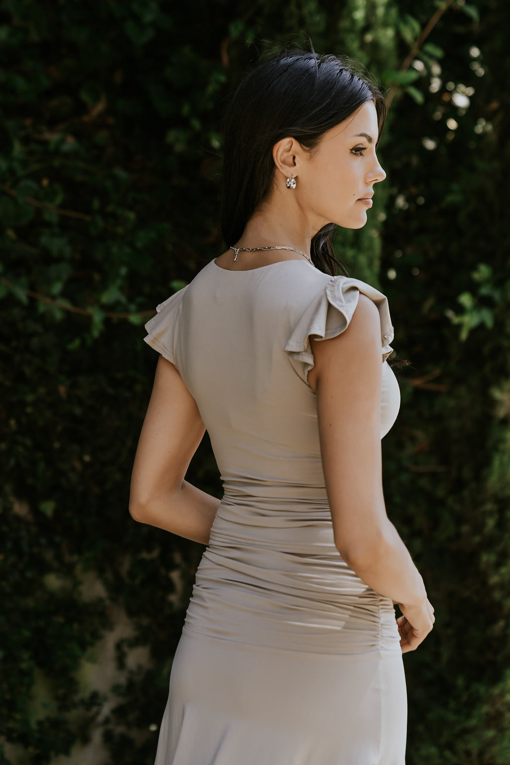 Lydia Ruffle Sleeve Top in Taupe