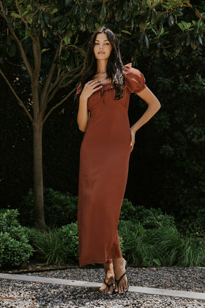 red and brown dress Cara | RUST Matte Satin High-Neck Maxi Dress