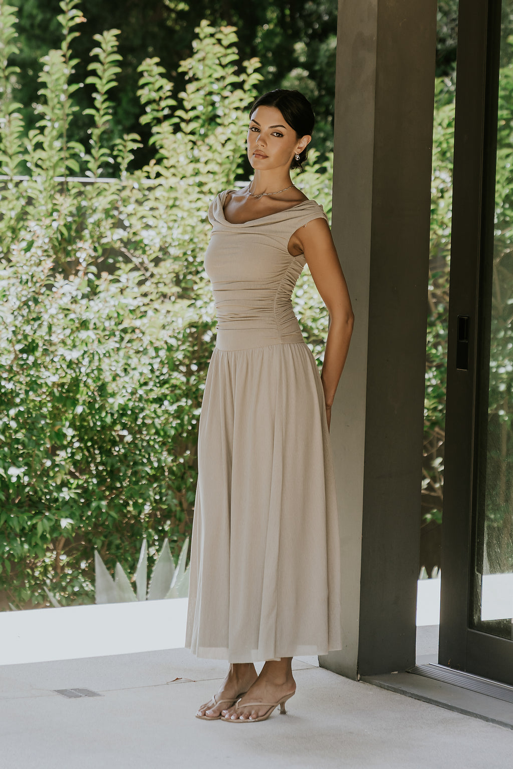 Luna Ruched Maxi Dress in Taupe M / Taupe