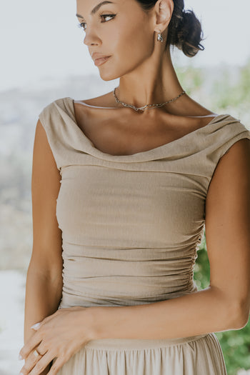 PREORDER - Luna Ruched Maxi Dress in Taupe