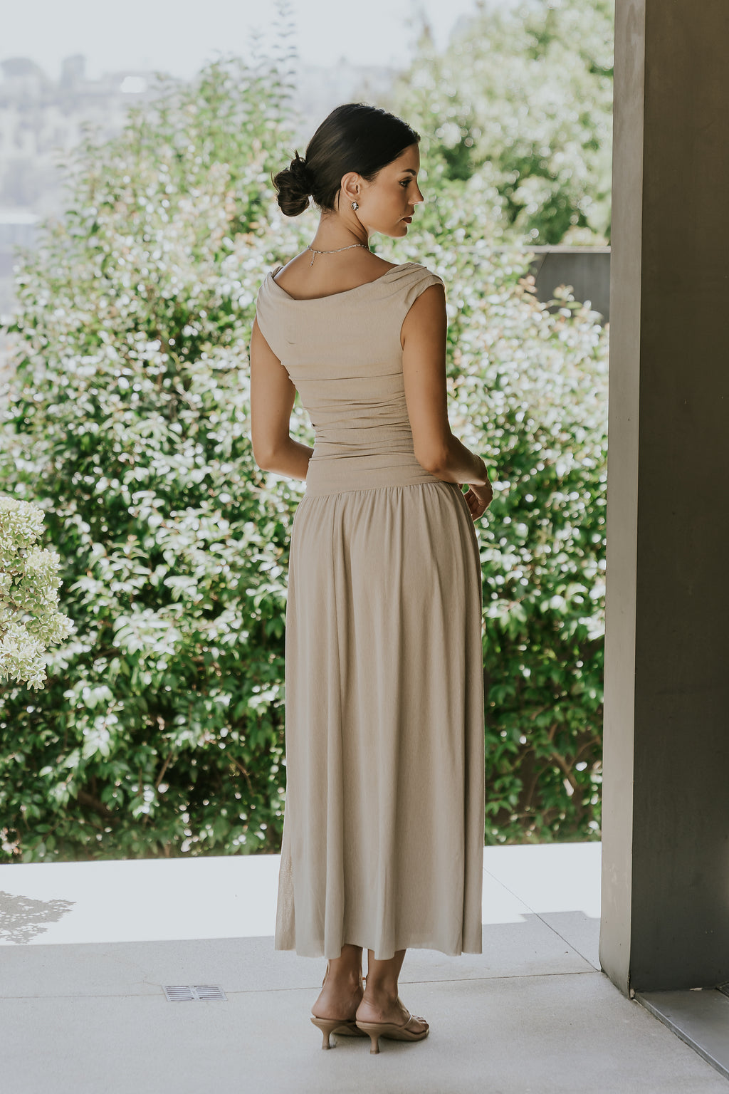 PREORDER - Luna Ruched Maxi Dress in Taupe