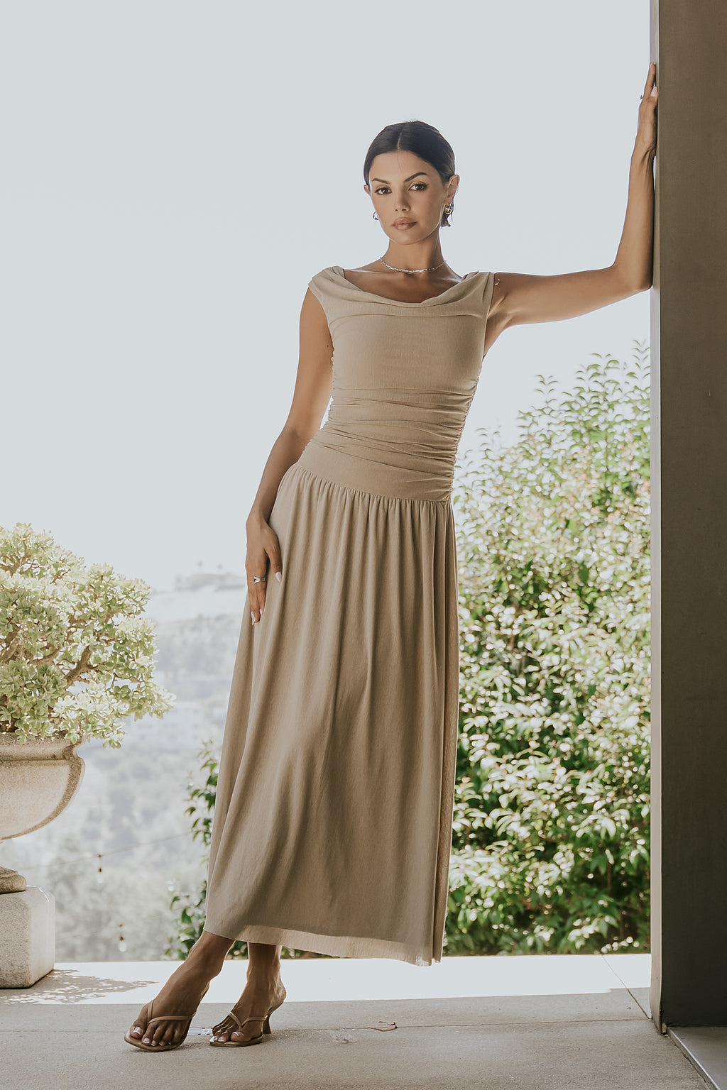 PREORDER - Luna Ruched Maxi Dress in Taupe