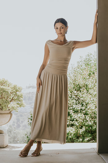 PREORDER - Luna Ruched Maxi Dress in Taupe