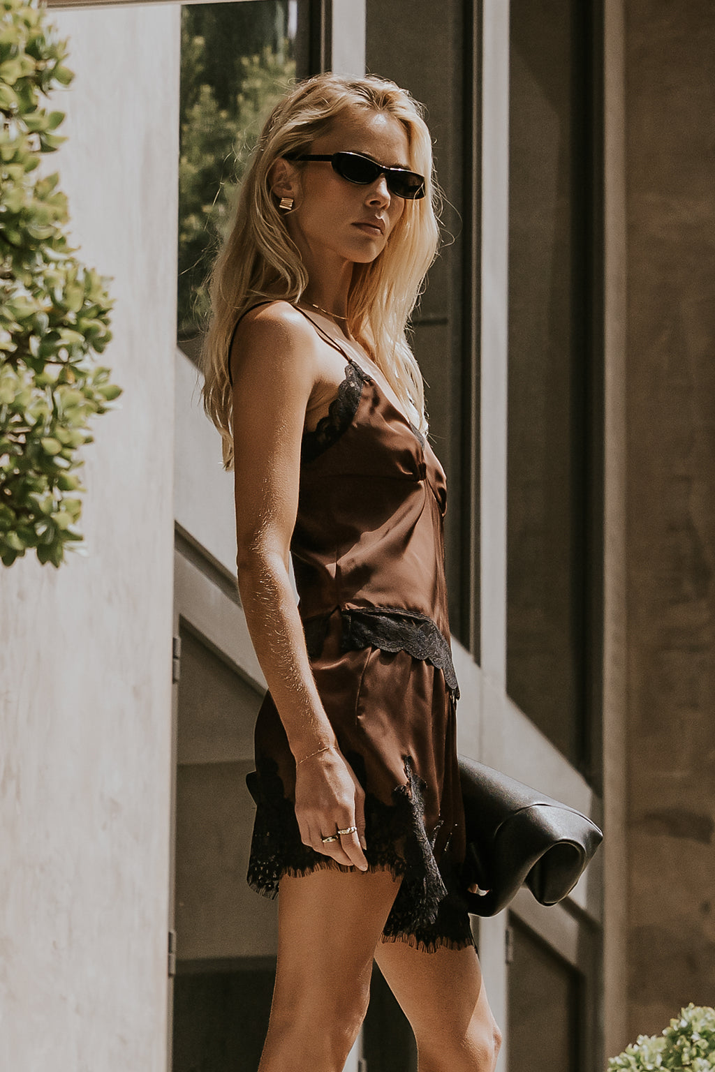 Bricelyn Lace Trim Satin Top in Brown