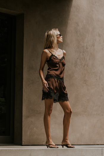 Bricelyn Lace Trim Satin Shorts in Brown