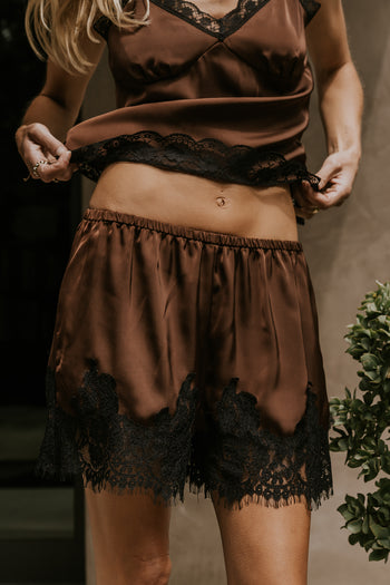 Bricelyn Lace Trim Satin Shorts in Brown