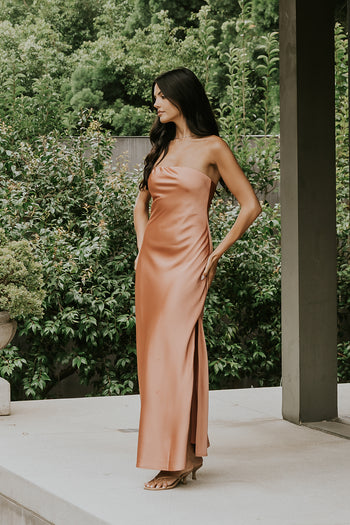 Ayla Satin Maxi Dress in Terracotta