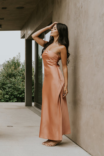 Ayla Satin Maxi Dress in Terracotta
