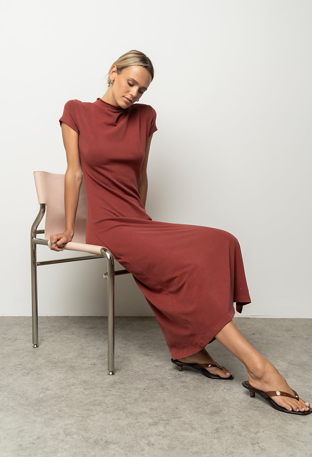 Isla Ruched Maxi Dress in Brick