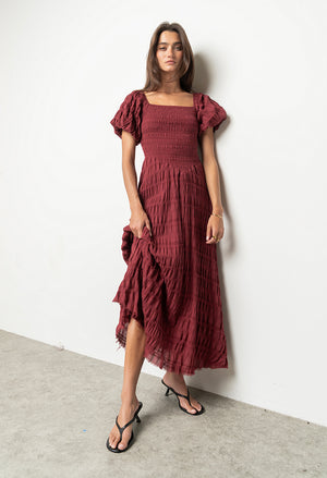 Beckie Smocked Maxi Dress in Burgundy