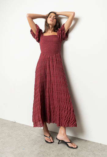 Beckie Smocked Maxi Dress in Burgundy