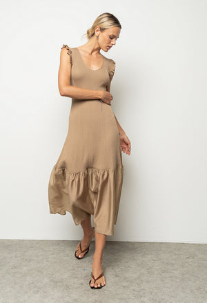 Lara Ribbed Midi Dress in Mocha