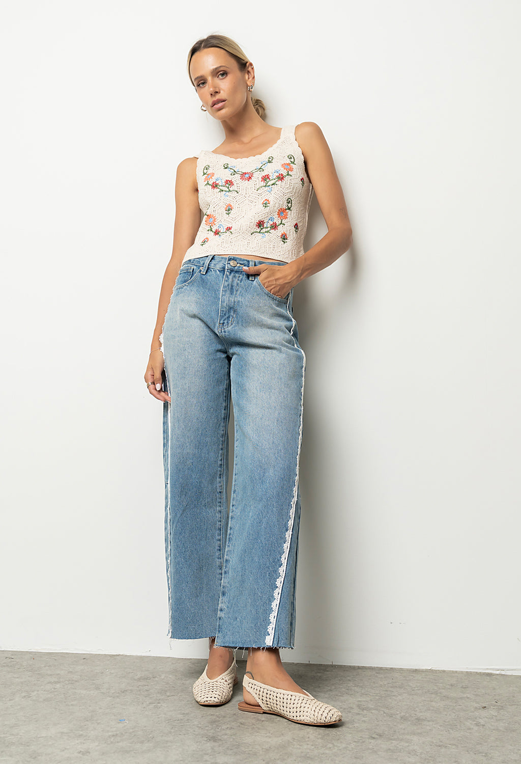 Adeline Lace Trim Barrel Jeans