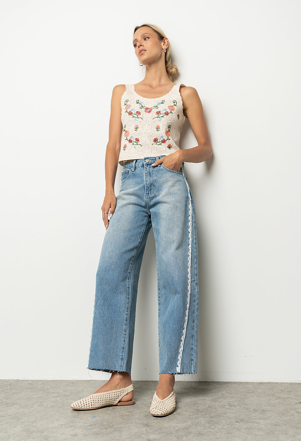 Adeline Lace Trim Barrel Jeans