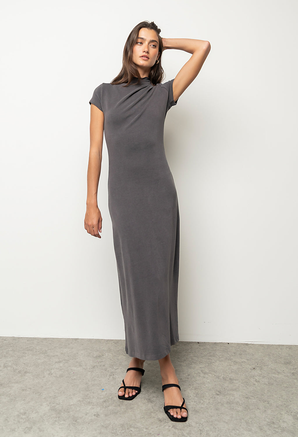 Isla Ruched Maxi Dress in Charcoal