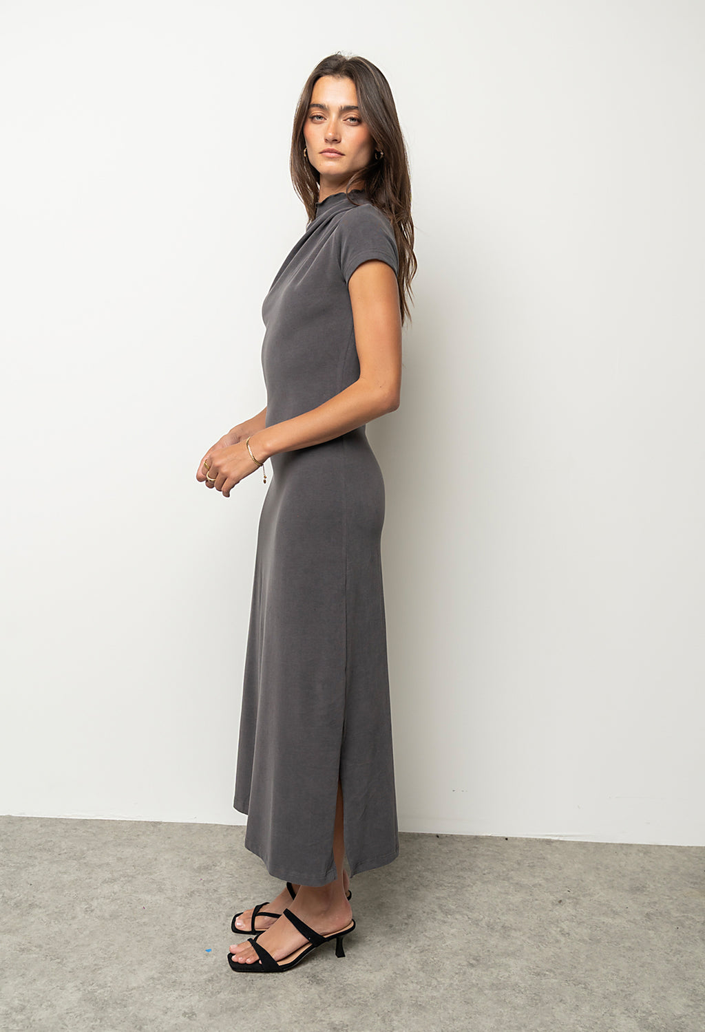 Isla Ruched Maxi Dress in Charcoal